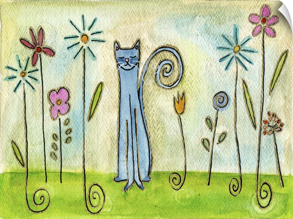 A blue cat sitting among tall flowers in a garden.