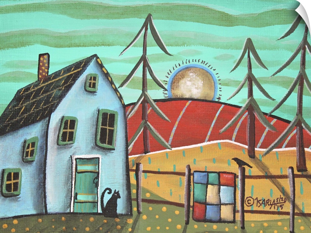 Contemporary folk-art style painting of a rolling hill landscape with houses and patchwork fields.