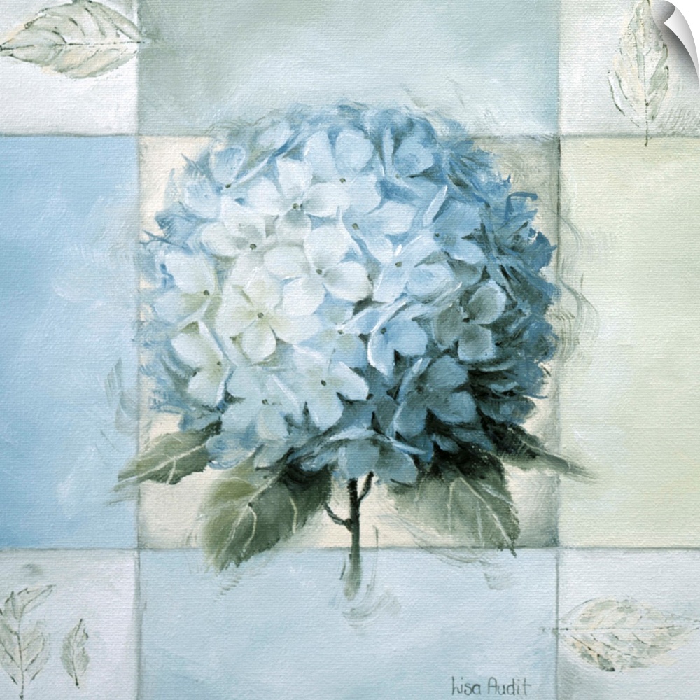 A bushel of hydrangeas are painted in the center of softly colored blocks with leaves painted in each corner.