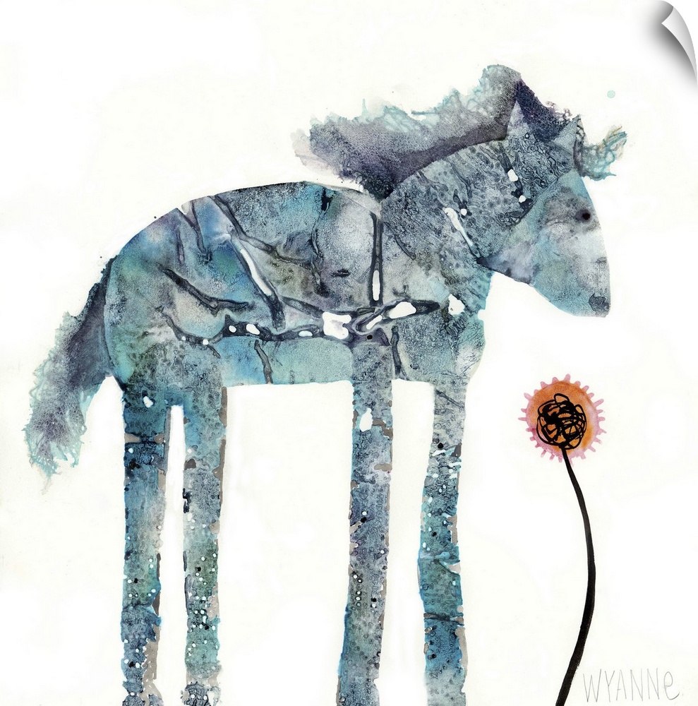 A blue watercolor horse looking at a small red flower.
