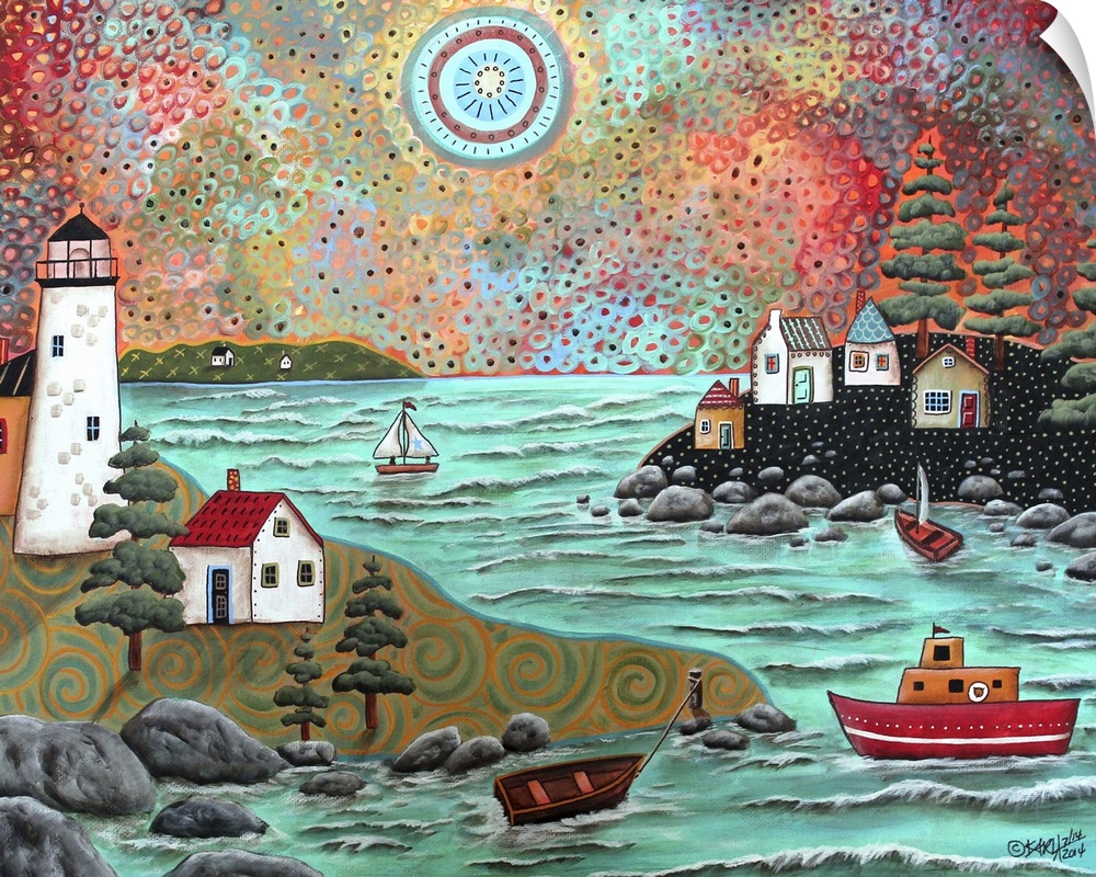 Contemporary painting of a coastal scene with a lighthouse and boats.