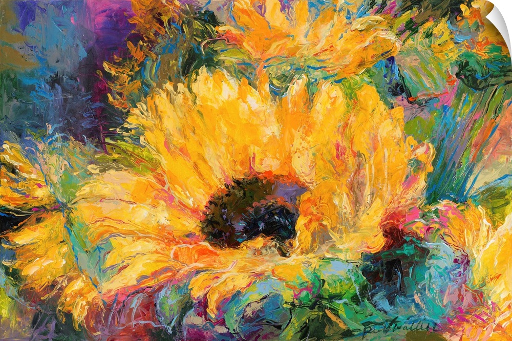 Colorful abstract painting of sunflowers.