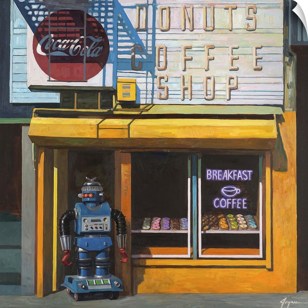 A contemporary painting of a blue retro toy robot standing out front of a donut shop waiting for customers.