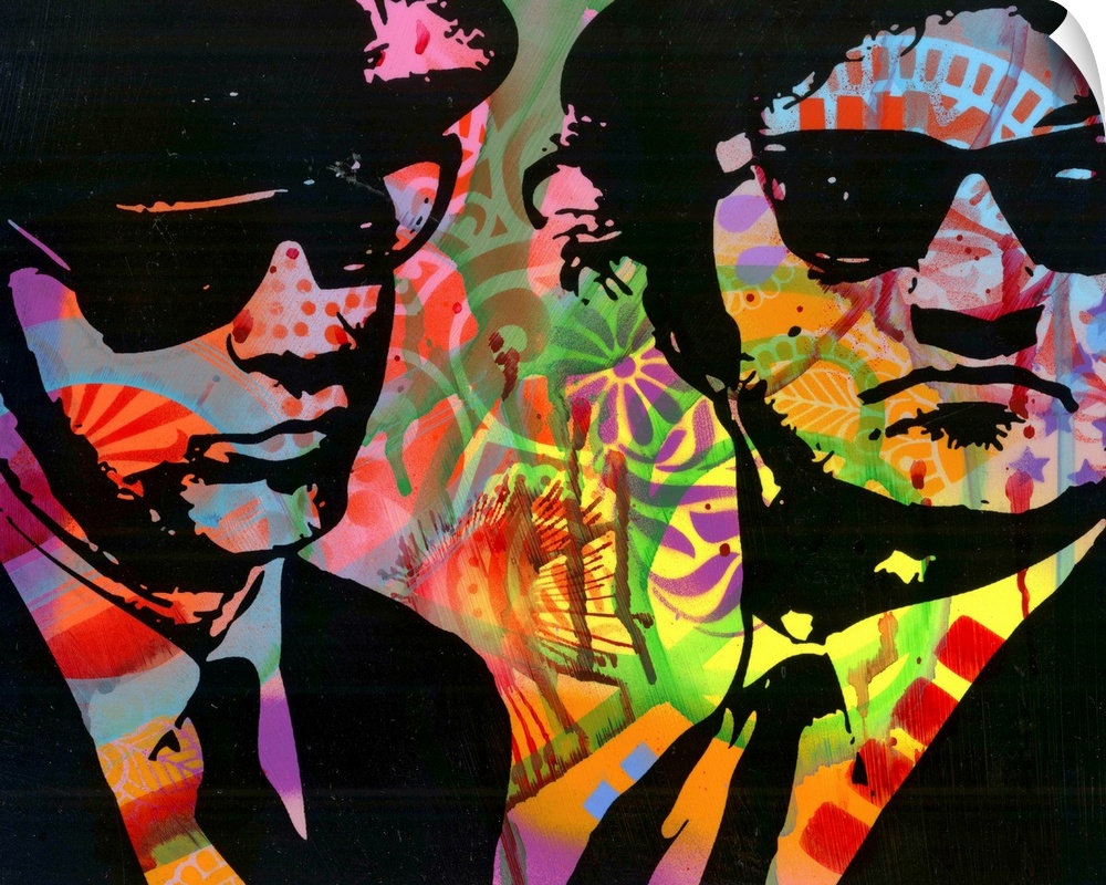 Dark black illustration of the Blues Brothers on a colorful graffiti style background.