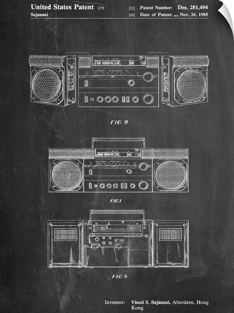 Black and white diagram showing the parts of a stereo sound system.