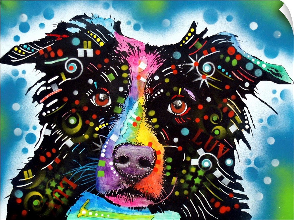 Contemporary stencil painting of a border collie filled with various colors and patterns.