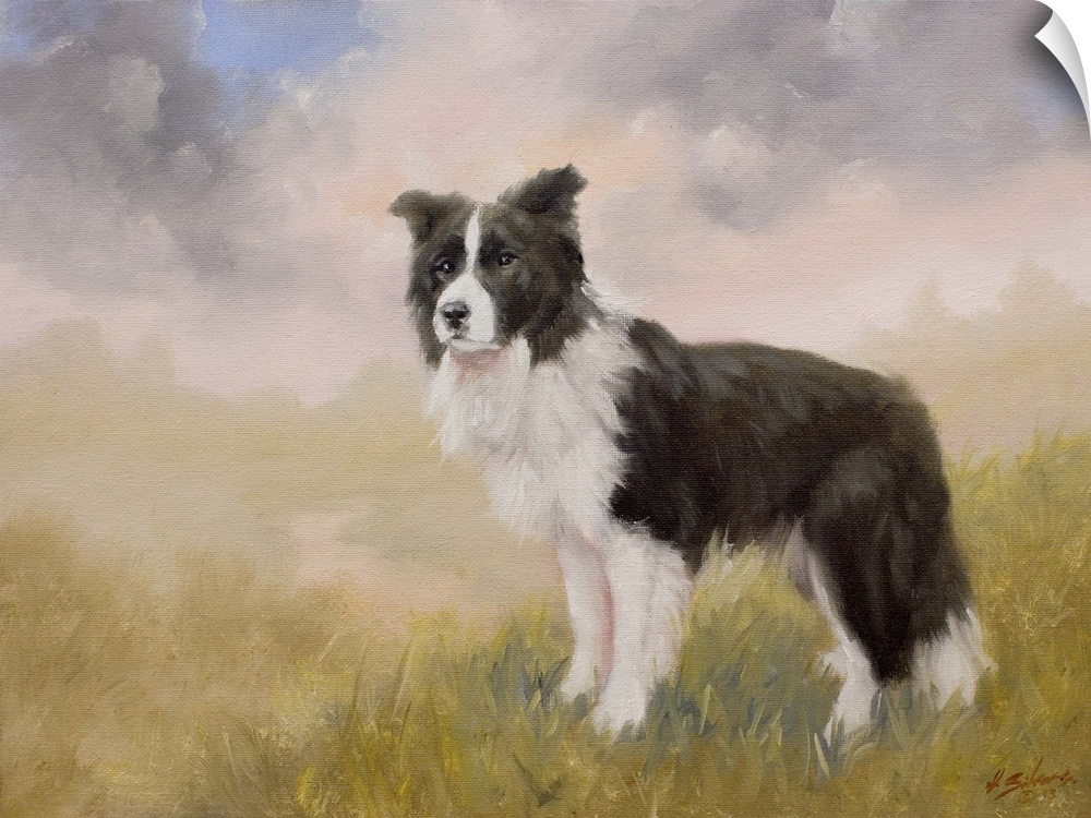 Contemporary painting of a black and white shepherd dog.