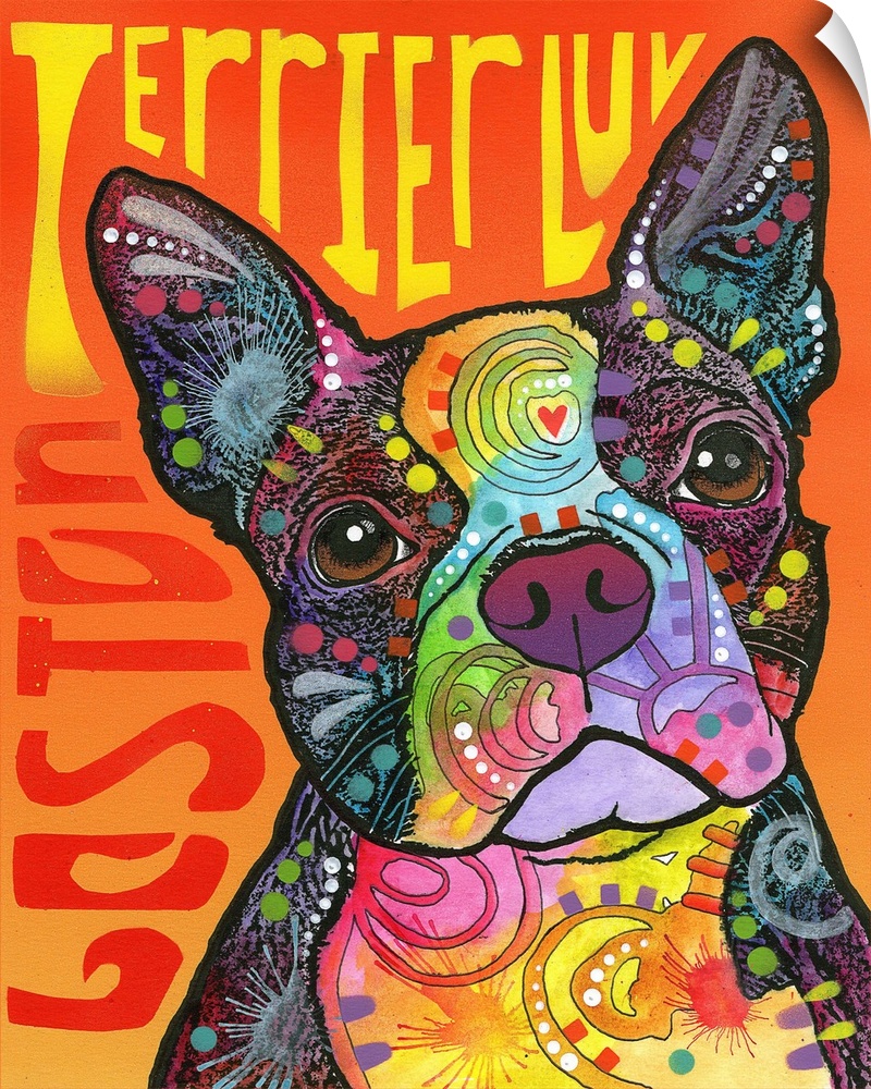 "Boston Terrier Luv" written around a colorful painting of a Boston Terrier with abstract markings on an orange background.