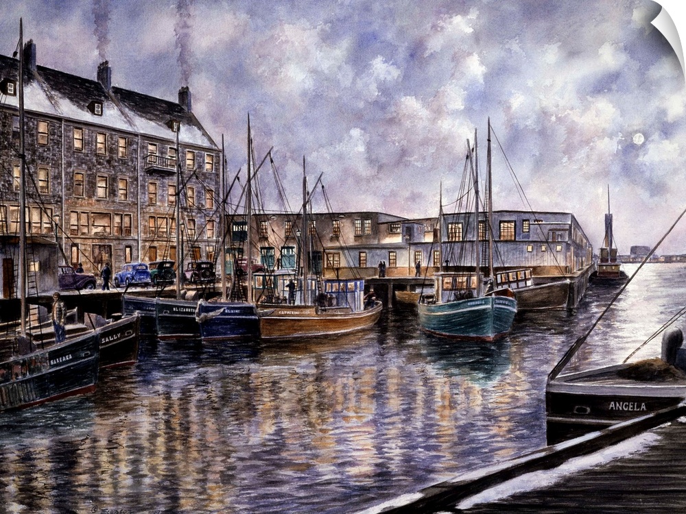 Contemporary painting of a harbor filled with fishing boats.