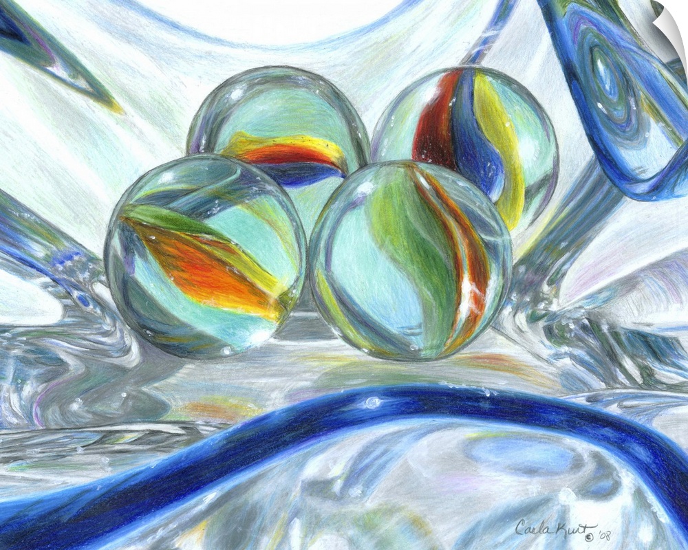 Contemporary still-life artwork of glass marbles on a white surface with bright light shining through them.
