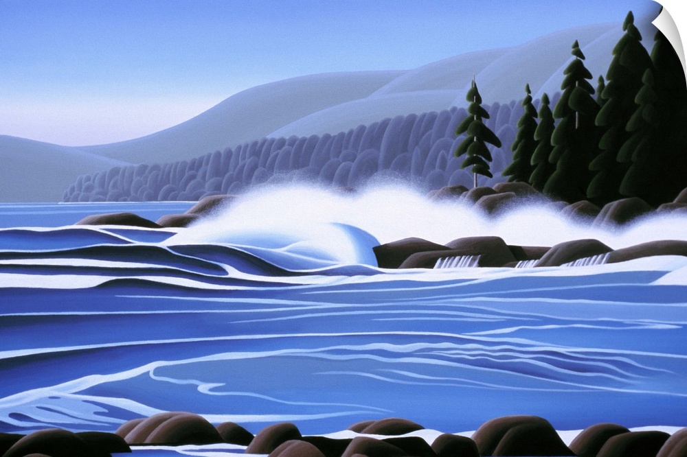 Waves crashing over rocks with mountains and pine trees.