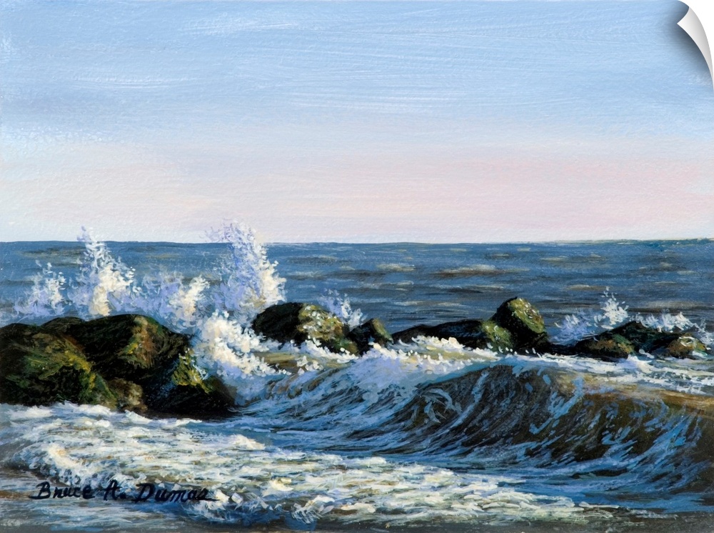 Contemporary artwork of a seascape with splashing waves.