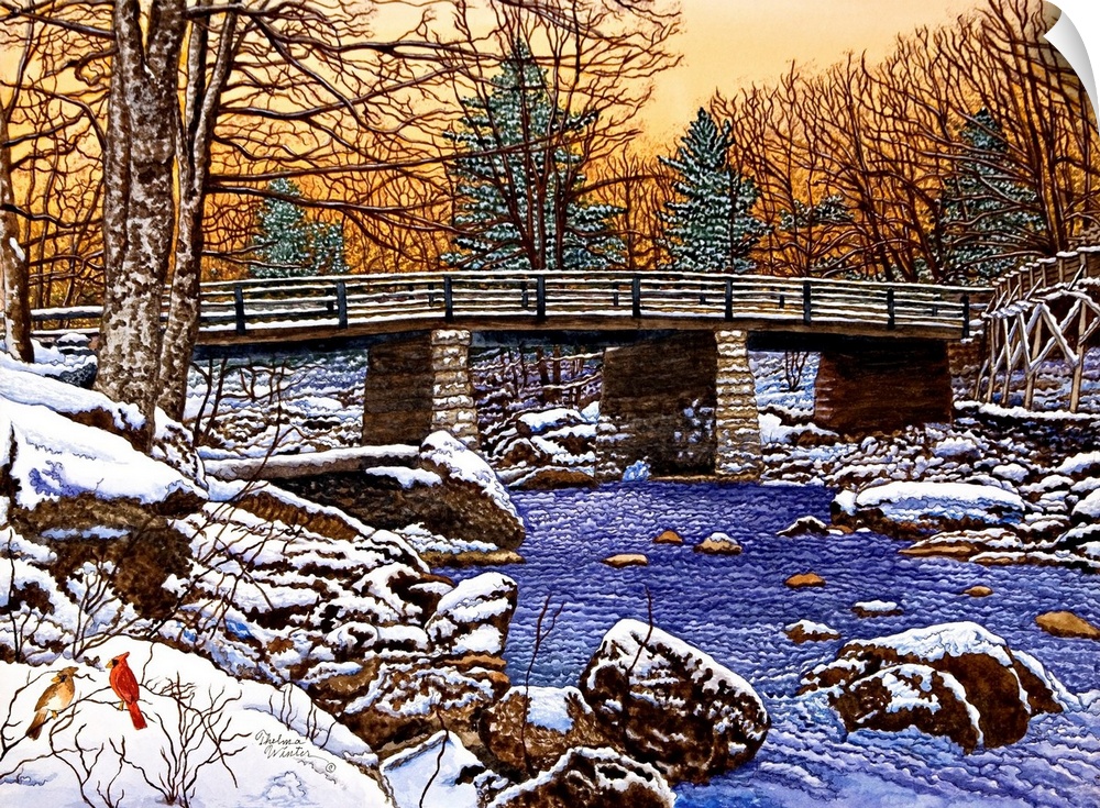 Contemporary painting of an idyllic rural bridge scene.