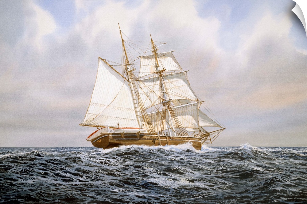 Contemporary painting of an idyllic scene of a ship sailing the open waters.