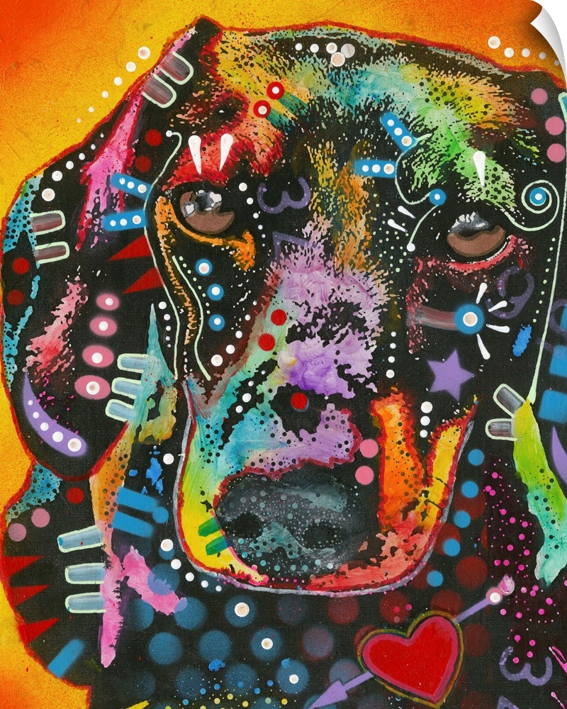 Colorful painting of a Dachshund with abstract markings on an orange and yellow background.