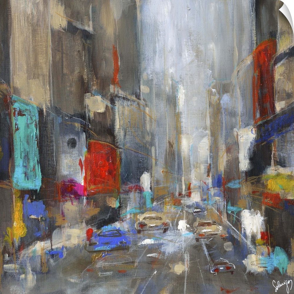 Contemporary painting of a busy street full of traffic.