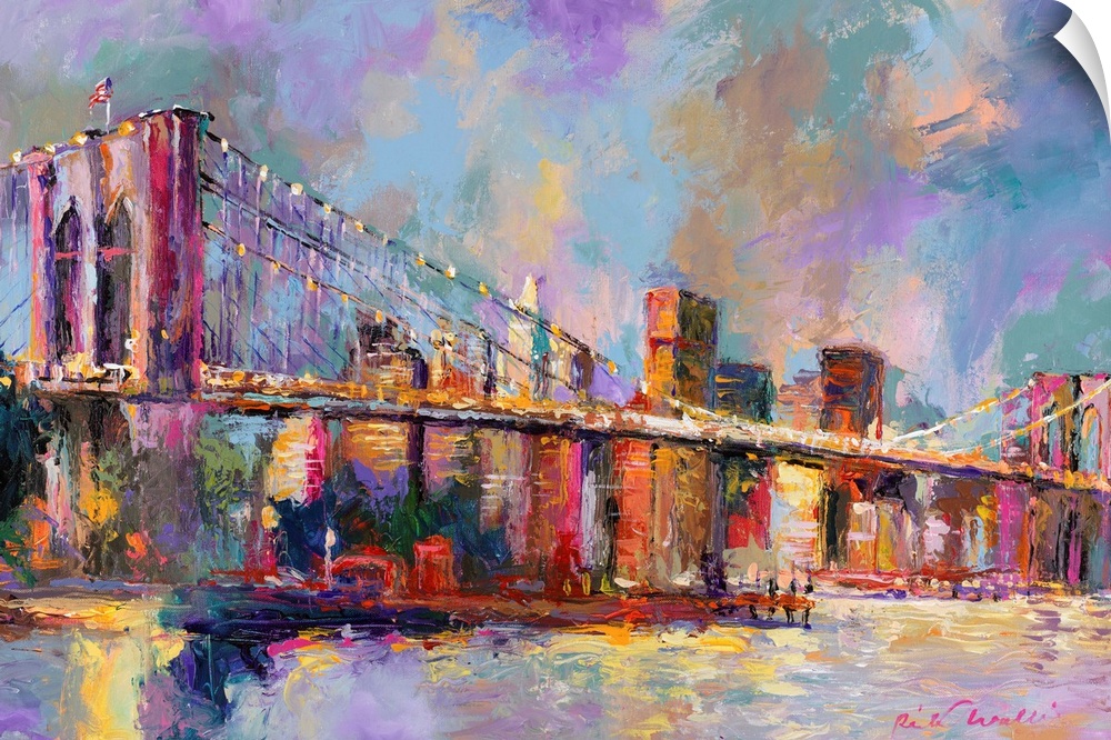 Colorful abstract painting of the Brooklyn Bridge and the NYC skyline in the distance.
