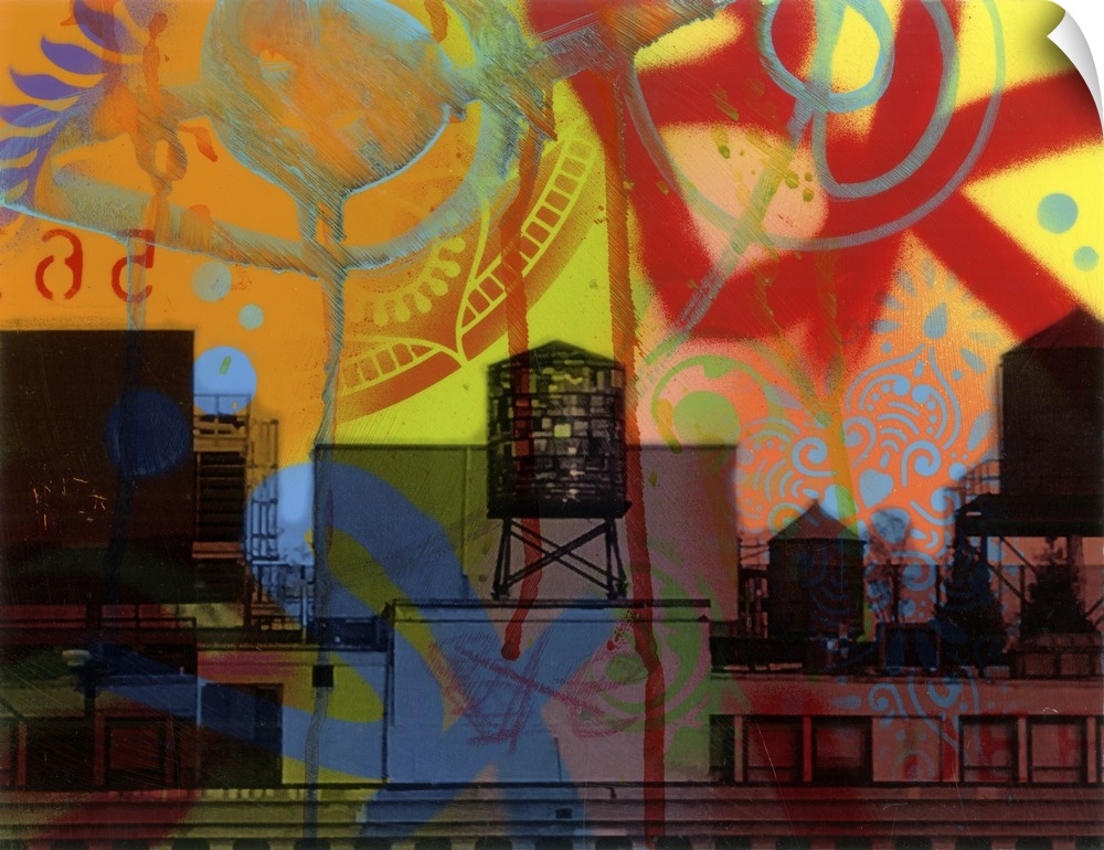 Black lined illustration of a Brooklyn water tower and buildings with a graffiti designed overlay.