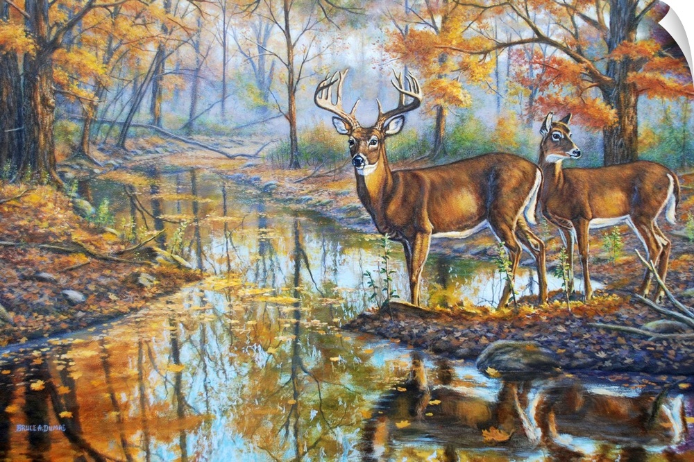 Contemporary artwork of two white-tailed deer on the edge of a stream.