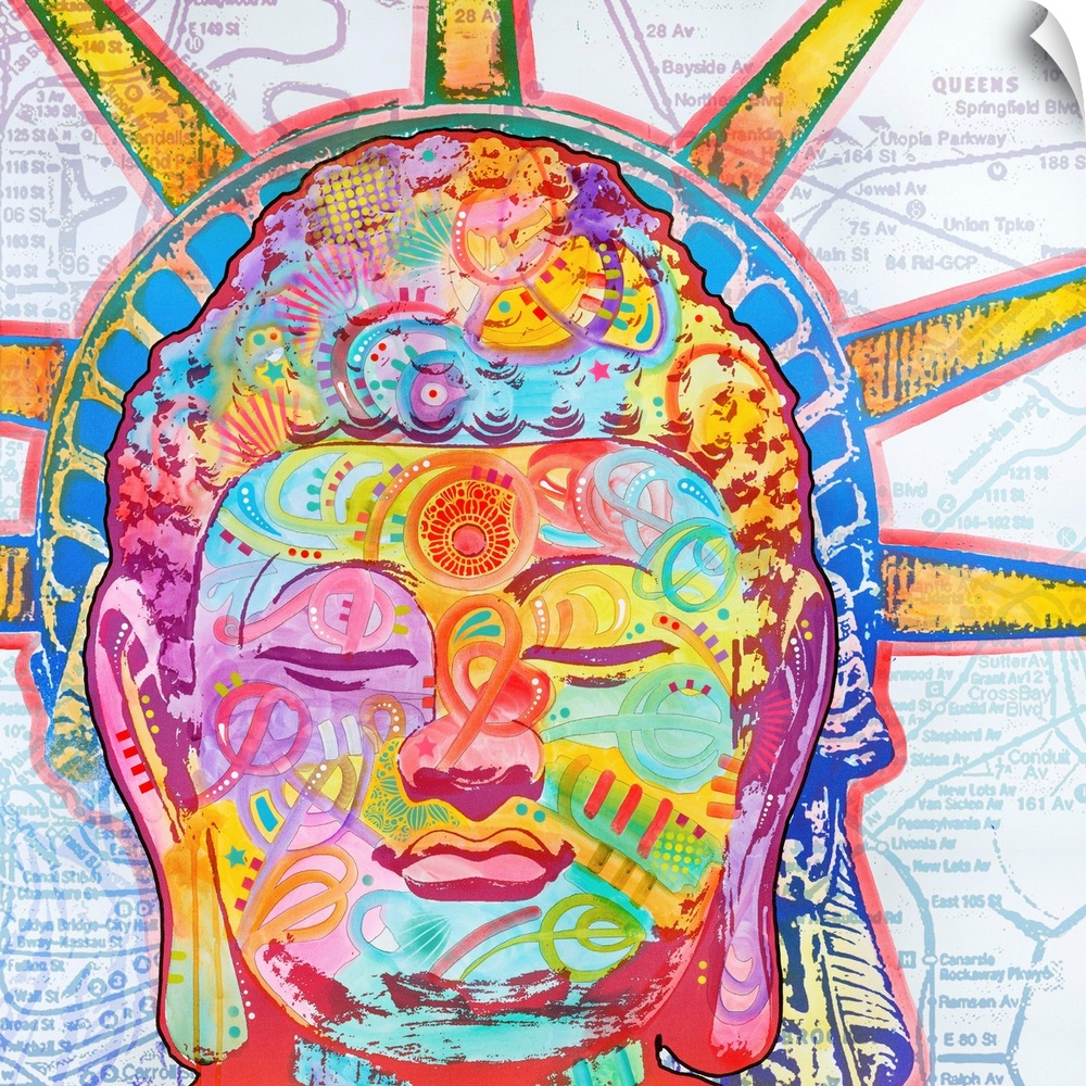 Square illustration of the Statue of Liberty with Buddha's face on a white background with a colorful street map.