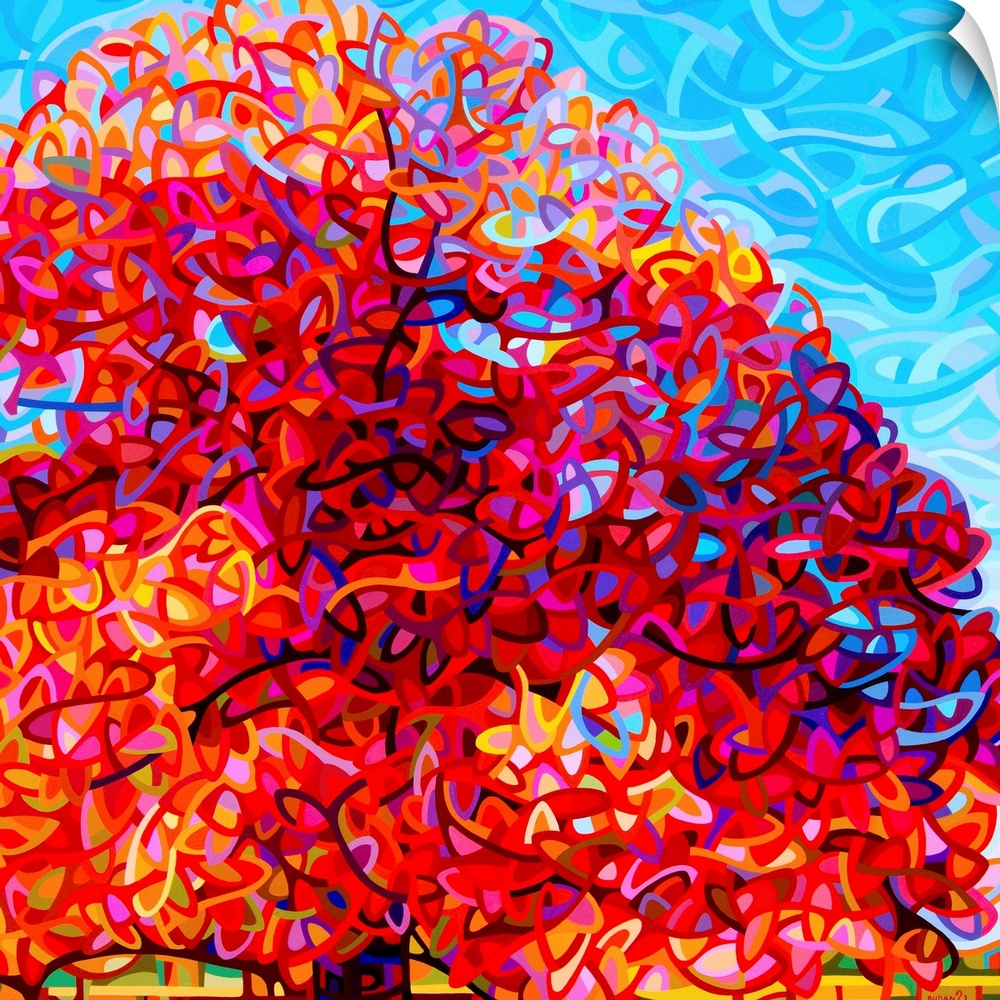 Contemporary artwork of a large stylized tree with bright red leaves.