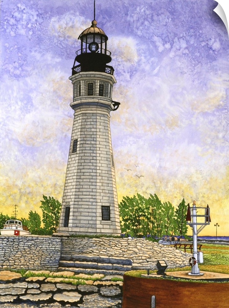Contemporary painting of a white lighthouse at dusk.