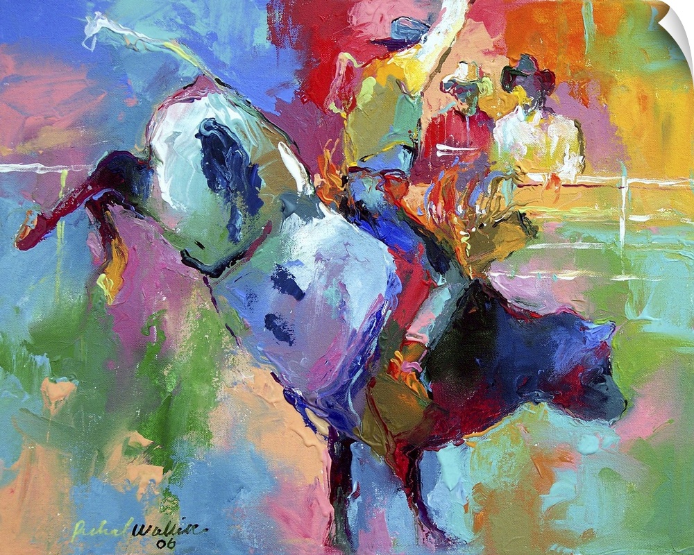 Contemporary vibrant colorful painting of a cowboy riding a bull.