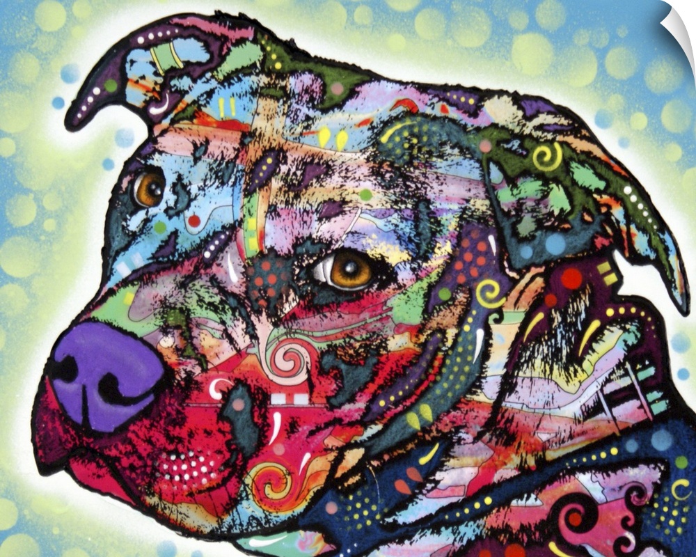 Vibrant colors and patterns are used to draw a picture of just the head of a dog.