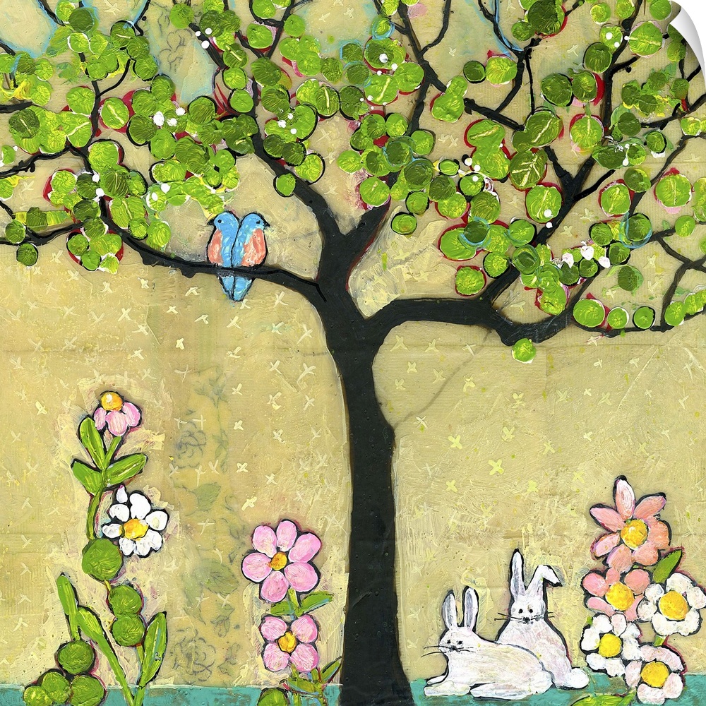 Lighthearted contemporary painting of a tree with blue birds perched on the on the branches.