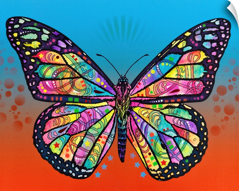 Intricate illustration of a colorful butterfly with abstract designs on a blue and orange background.