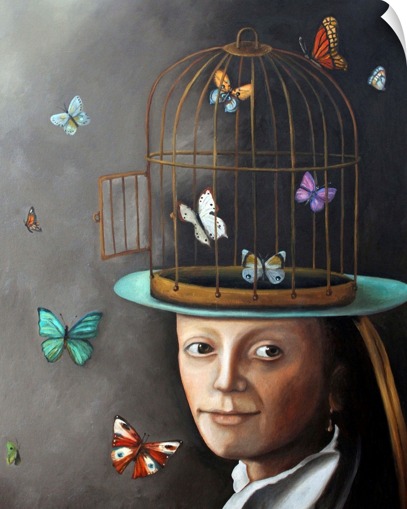 Surrealist painting of a woman with the top half of her head as a cage with butterflies flying all around.