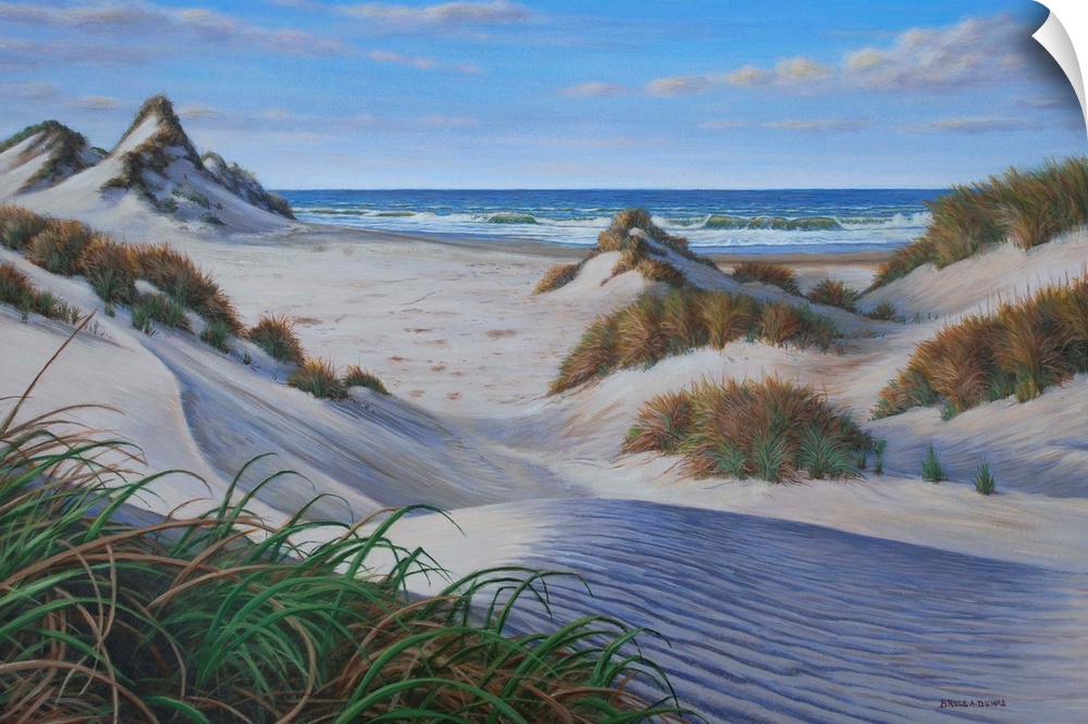 Contemporary artwork of several grassy sand dunes on the beach.