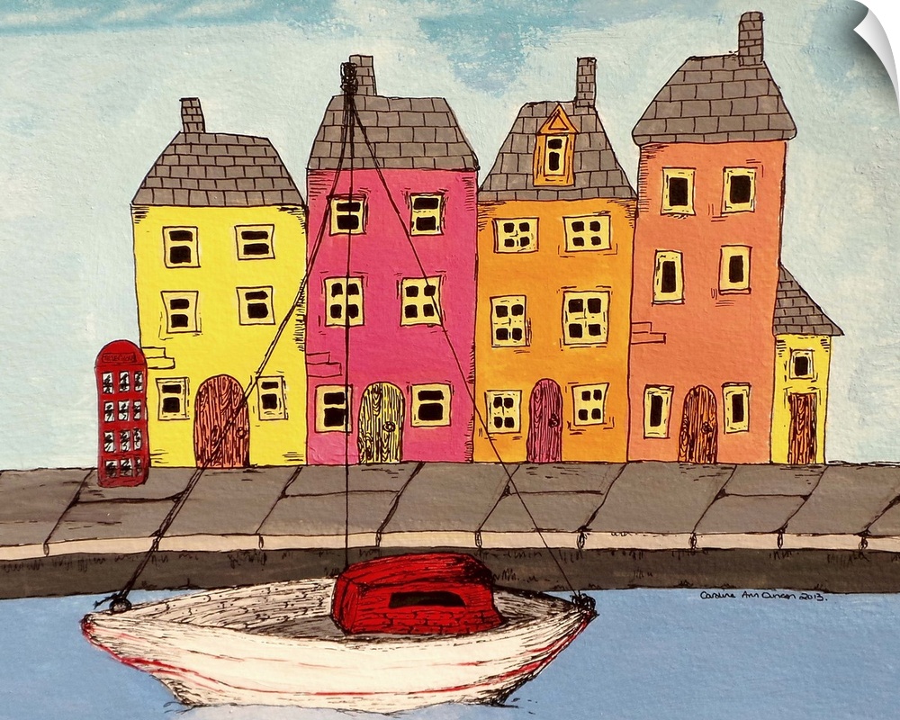 Contemporary painting of colorful houses alongside a canal, with a boat.