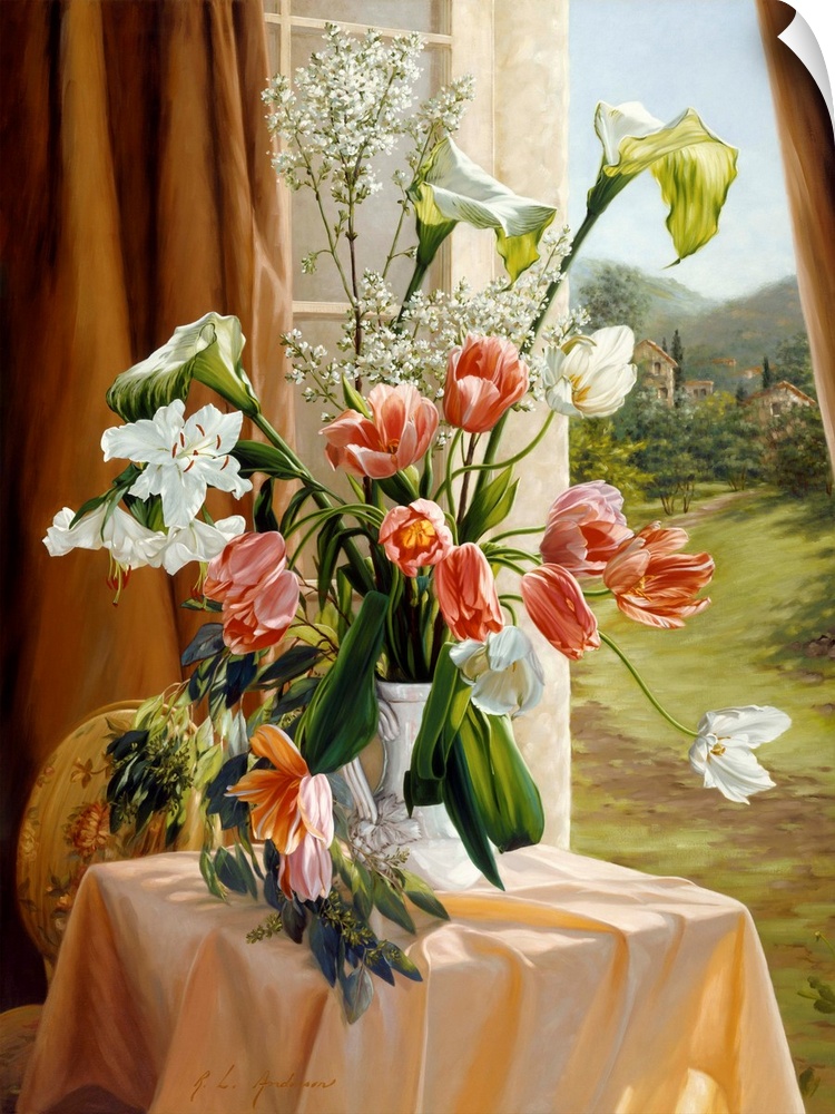 Bouquet of pink tulips and white lilies in a vase on a table by a window overlooking a large yard.