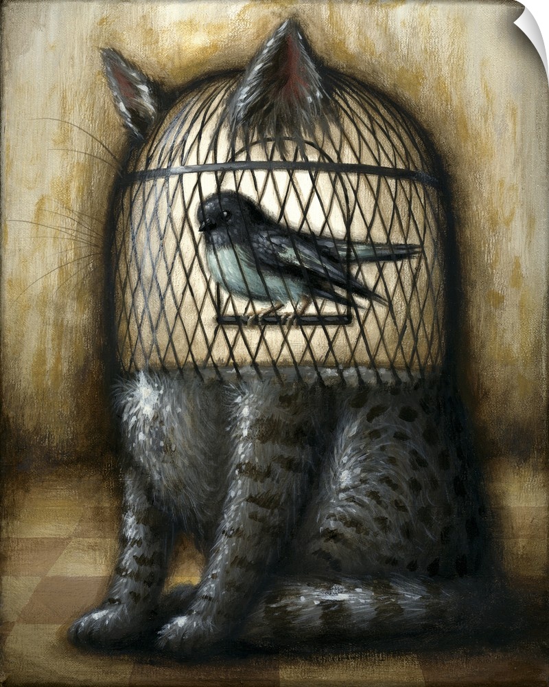 Surrealist painting of a cat with the top half of the body a cage containing a bird.