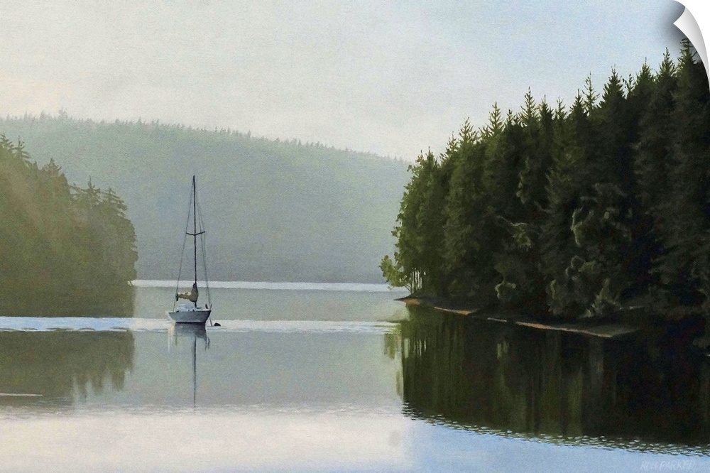 Contemporary painting of an idyllic wilderness lake scene with a boat in the distance.