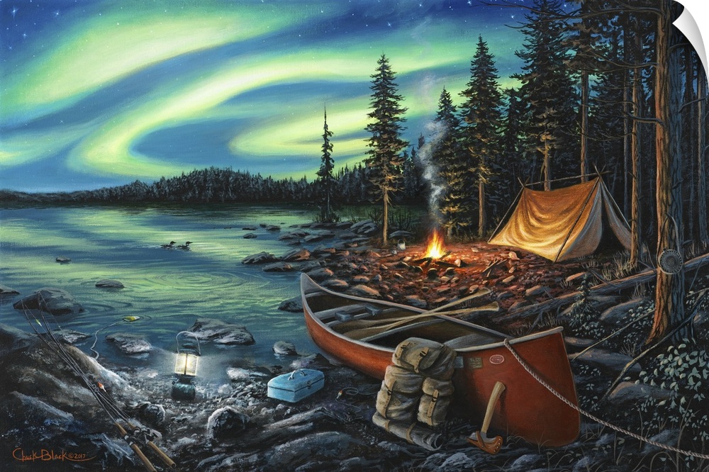 Contemporary painting of a campsite with a fire and a canoe underneath the Northern Lights.