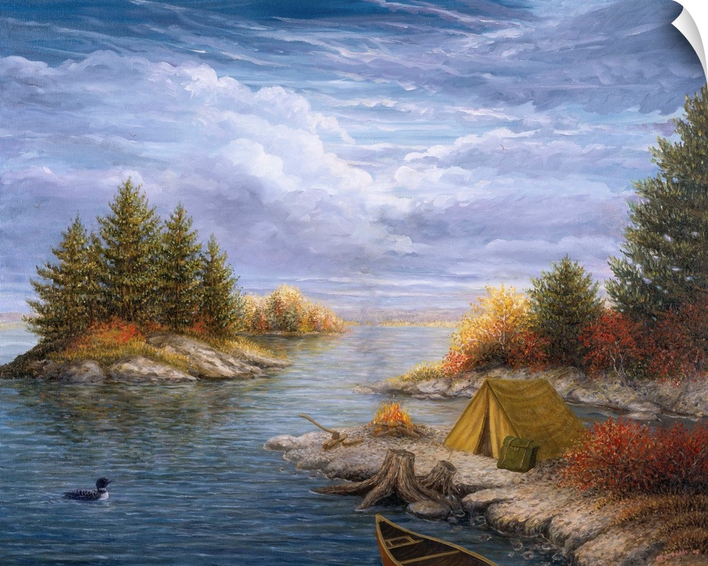 Contemporary artwork of a campsite on the river.