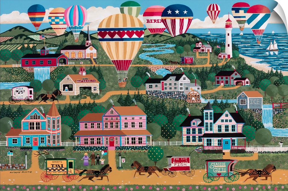 Contemporary painting of an Americana countryside village scene during a balloon festival.