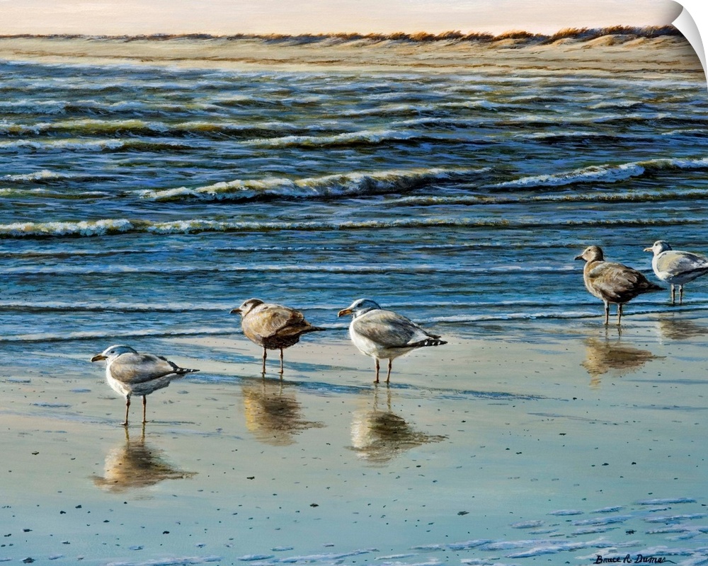 Contemporary artwork of Herring Gulls by the water.