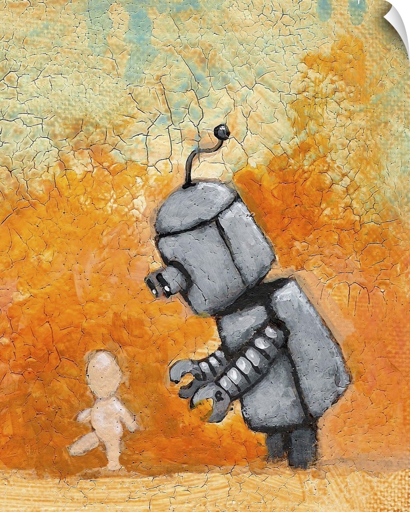 Illustration of a small grey robot watching over an even smaller figure.
