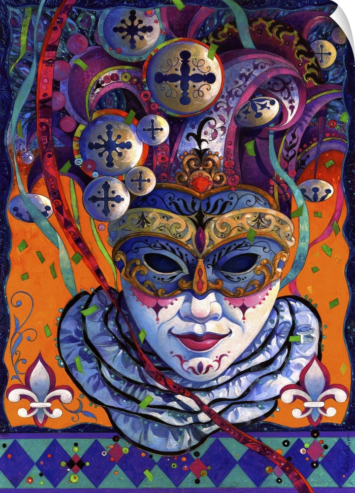 Contemporary artwork of a carnival or Mardi Gras mask decorated with ornate patterns.