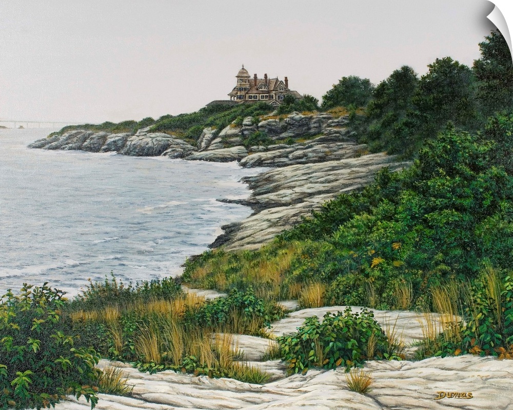 Contemporary artwork of the edge of the ocean overlooking a large manor.