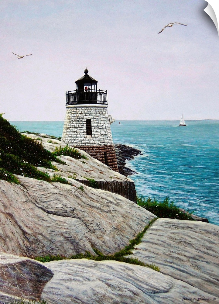 Contemporary painting of the Castle Hill Lighthouse overlooking the ocean and seagulls in sky.
