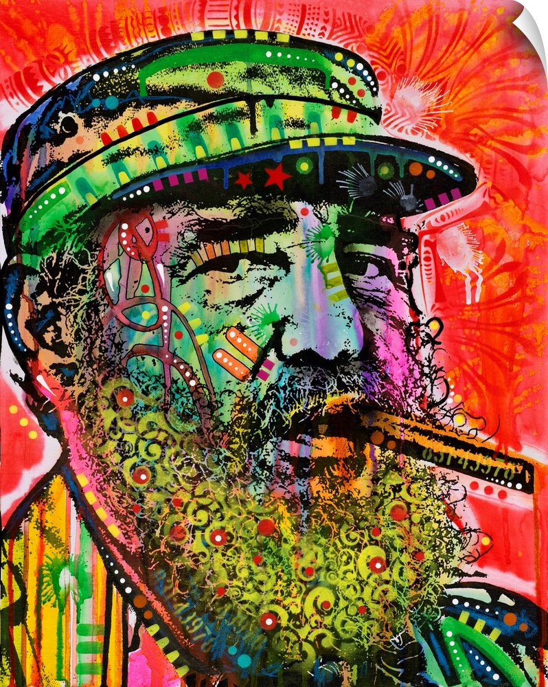 Pop art style painting of Fidel Castro smoking a cigar with different colors and abstract designs all over.