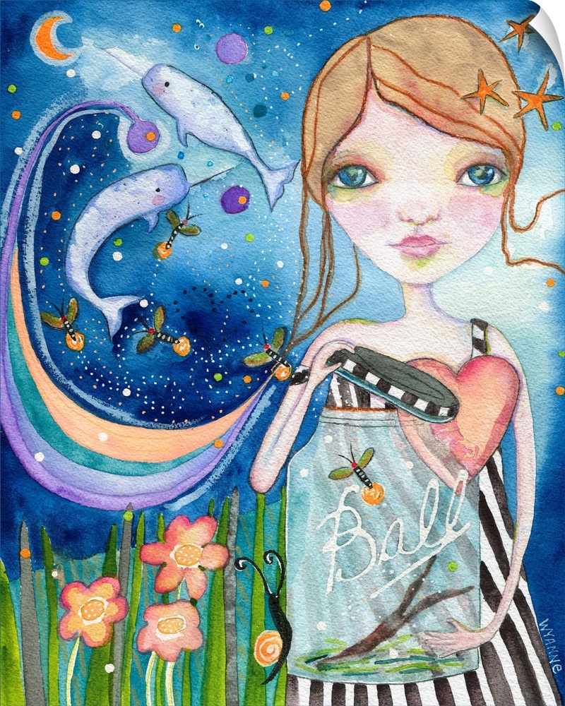 A girl holding a jar with whales flying out of it into the night sky.