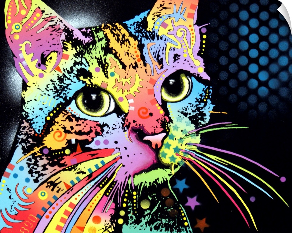 Colorful designs and patterns take the place of the face on a cat.