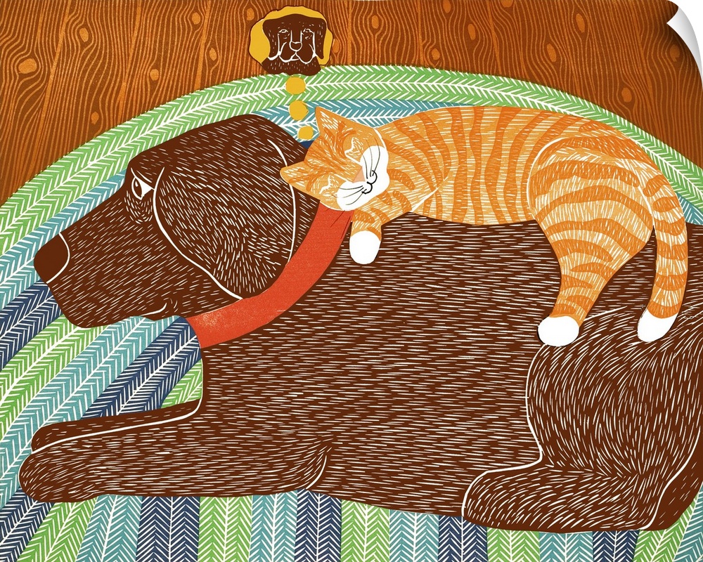 Illustration of an orange cat sleeping on top of a chocolate lab and dreaming about the dog, while the dog lays with its e...
