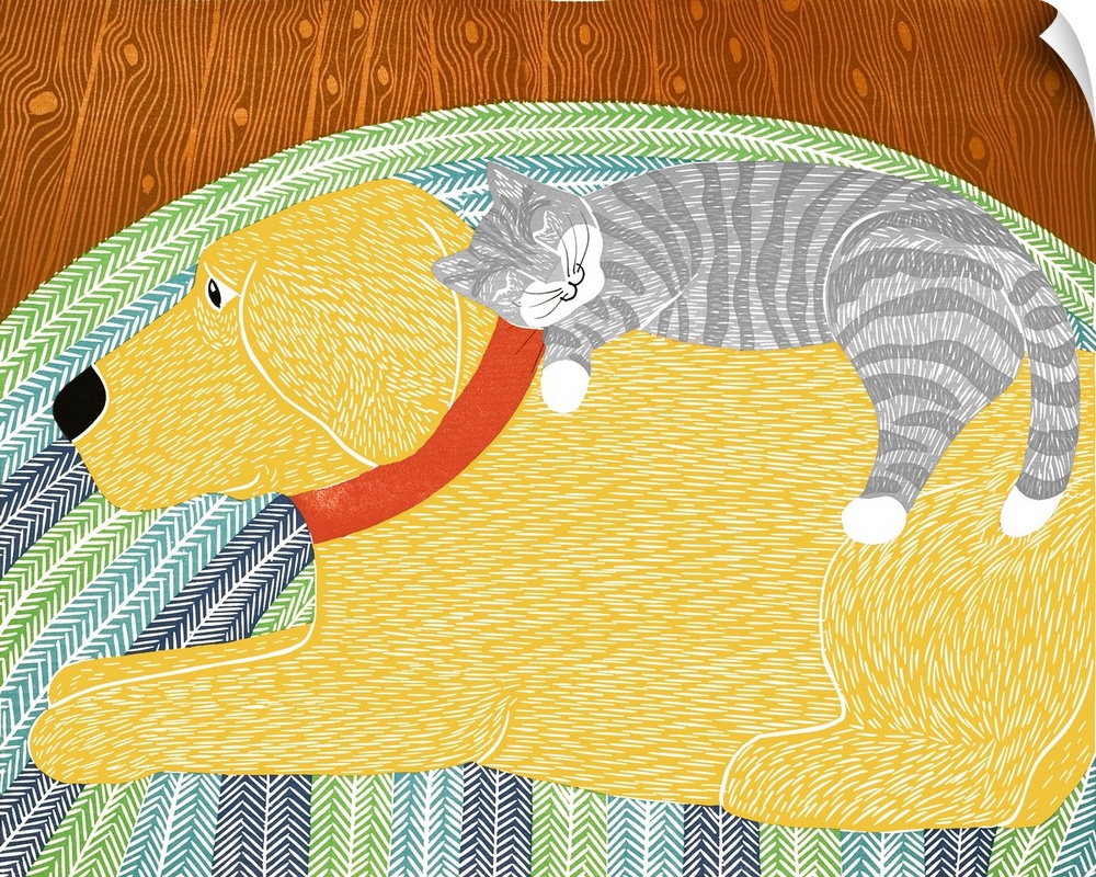 Illustration of a gray and white cat sleeping on top of a yellow lab and dreaming about the dog, while the dog lays with i...