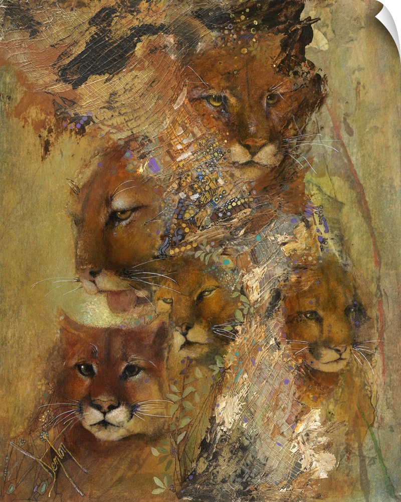 Contemporary painting of wild cats and nature elements.